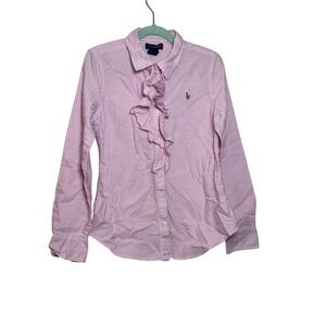 Ralph Lauren Kids Girls Pink White Stripe Ruffle Button Up Shirt Size 12 Preppy